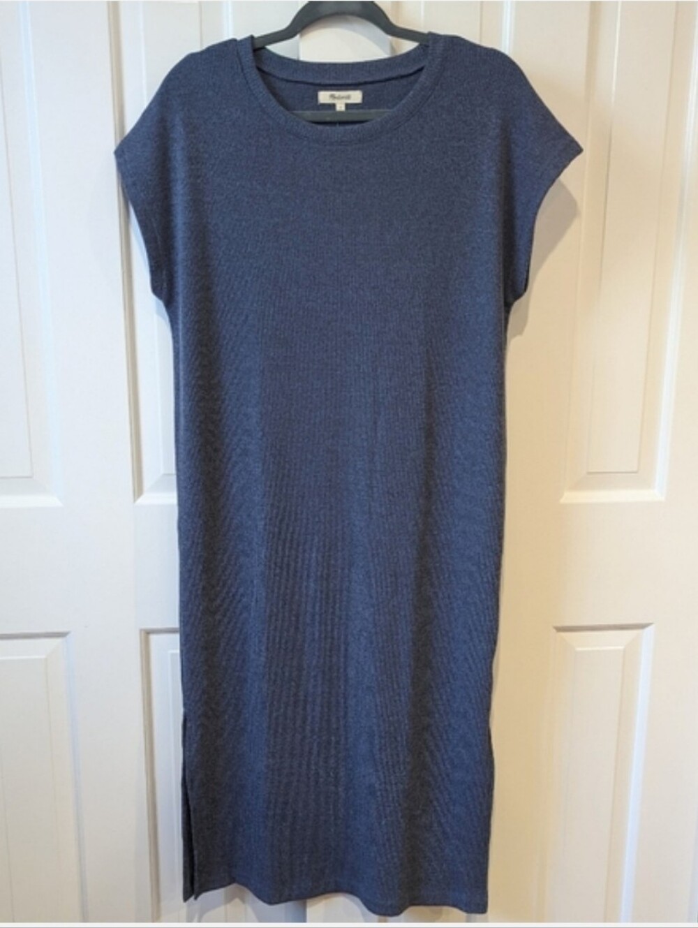 Madewell Ribbed Dress Midi Medium Blue Cap Sleeve Slit